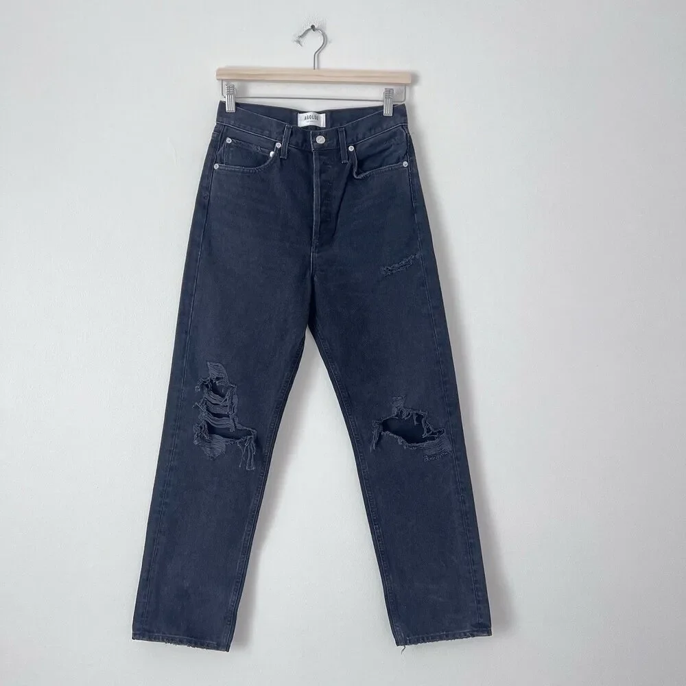 AGOLDE 90’s High Rise Straight Legs Jeans Size 25 Black Wash Distressed